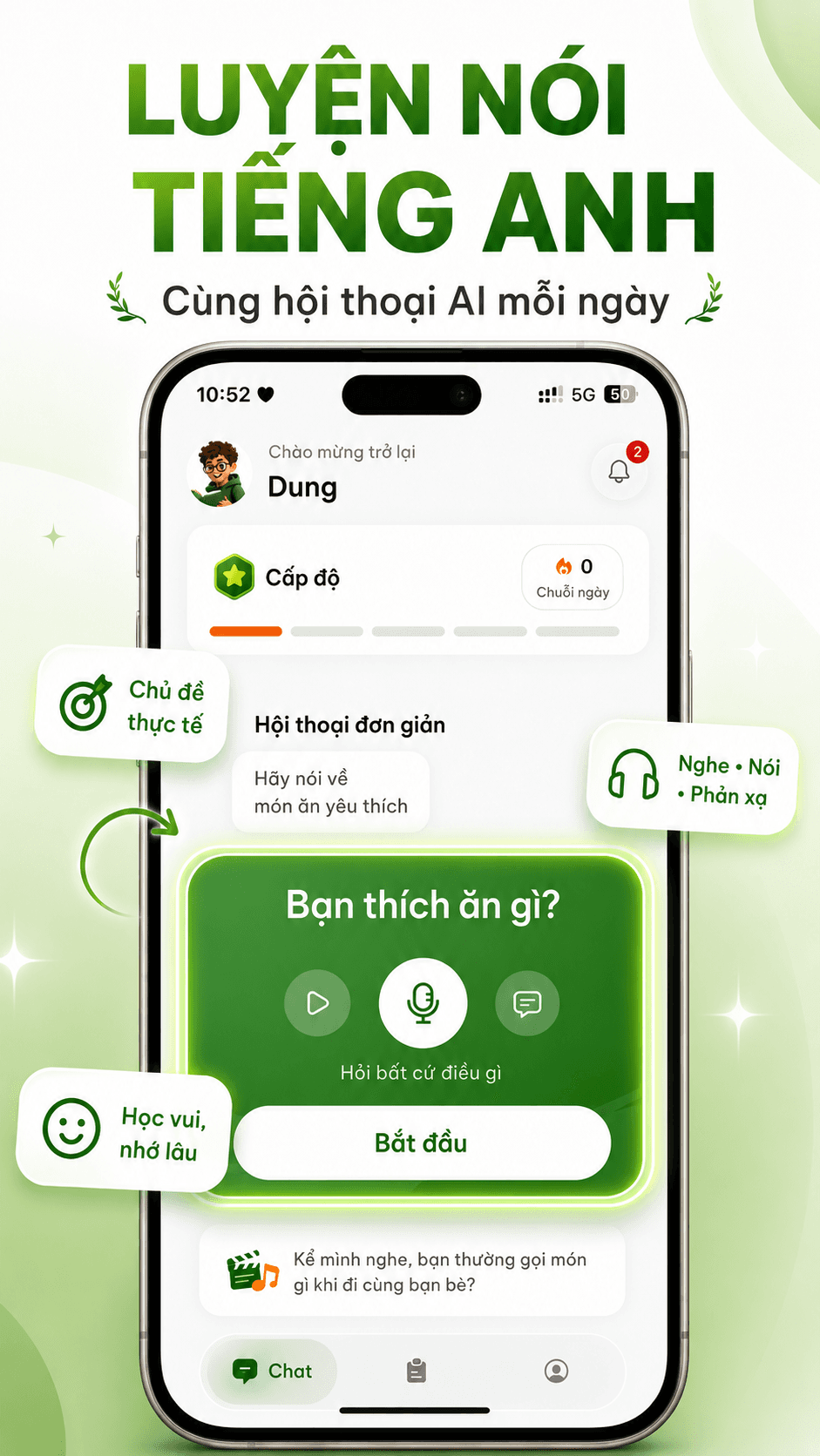 Speak Flow hiển thị chủ đề hội thoại đơn giản