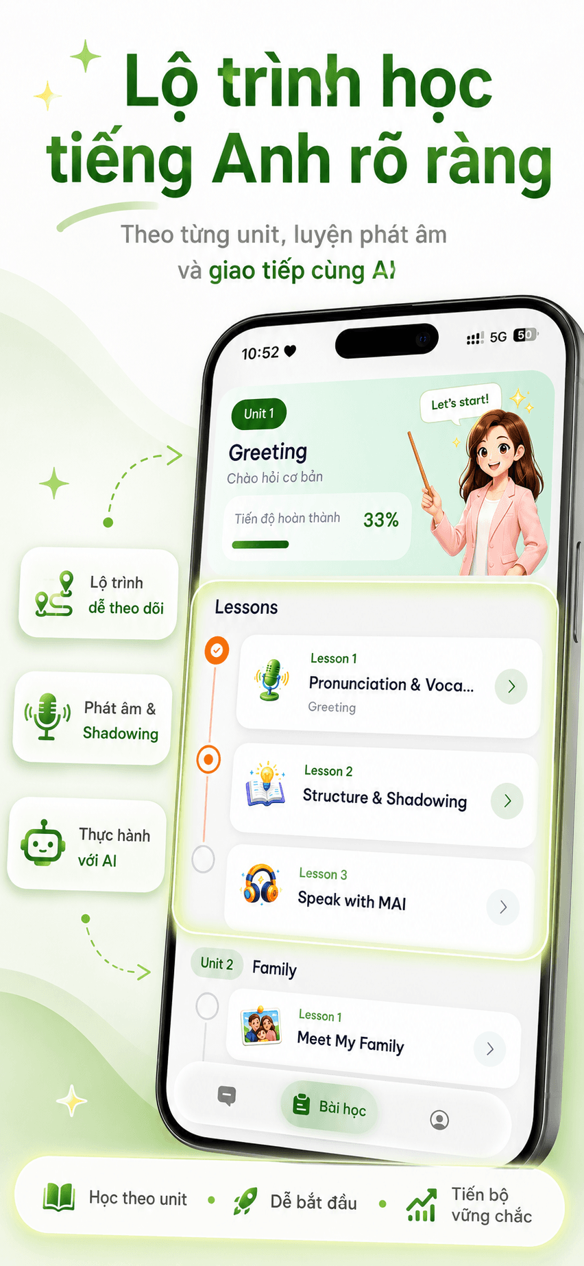 Speak Flow hiển thị lộ trình học theo unit