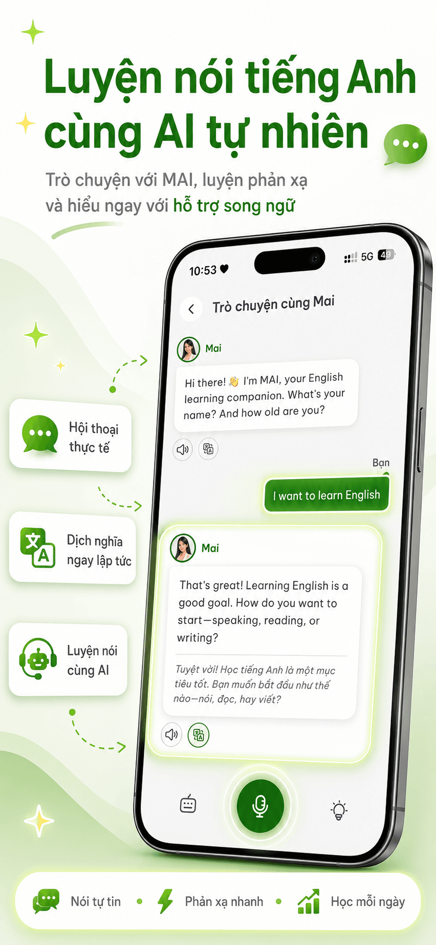 Speak Flow hiển thị đoạn hội thoại với MAI