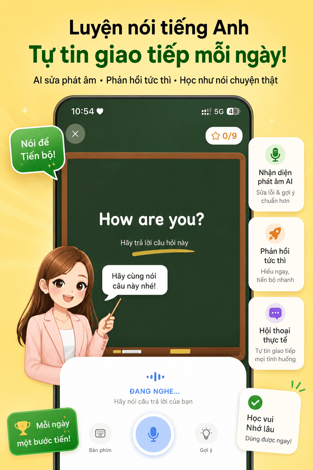 Speak Flow hiển thị bài luyện phát âm How are you